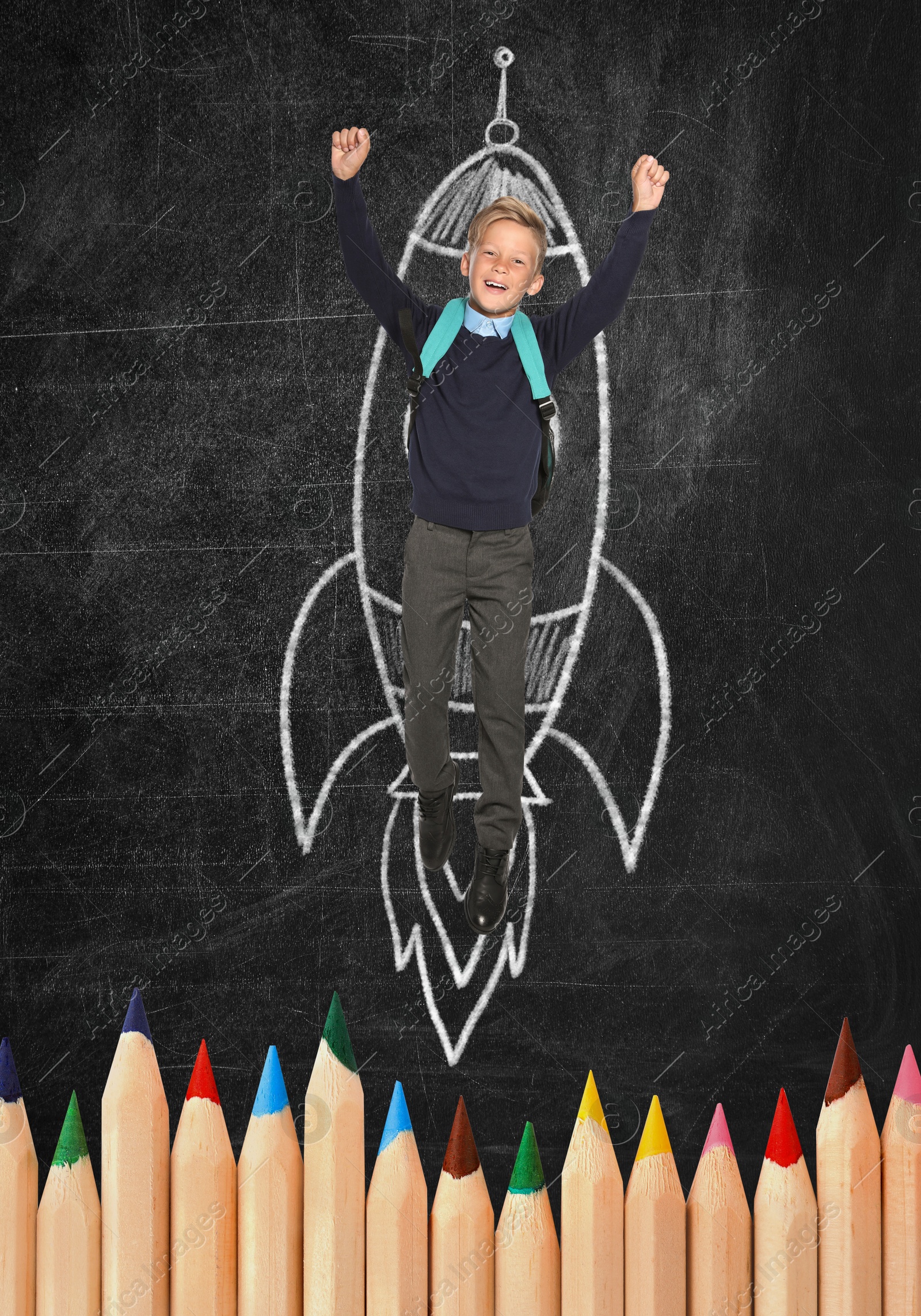 Image of Way to knowledge. Schoolboy and chalked rocket on blackboard