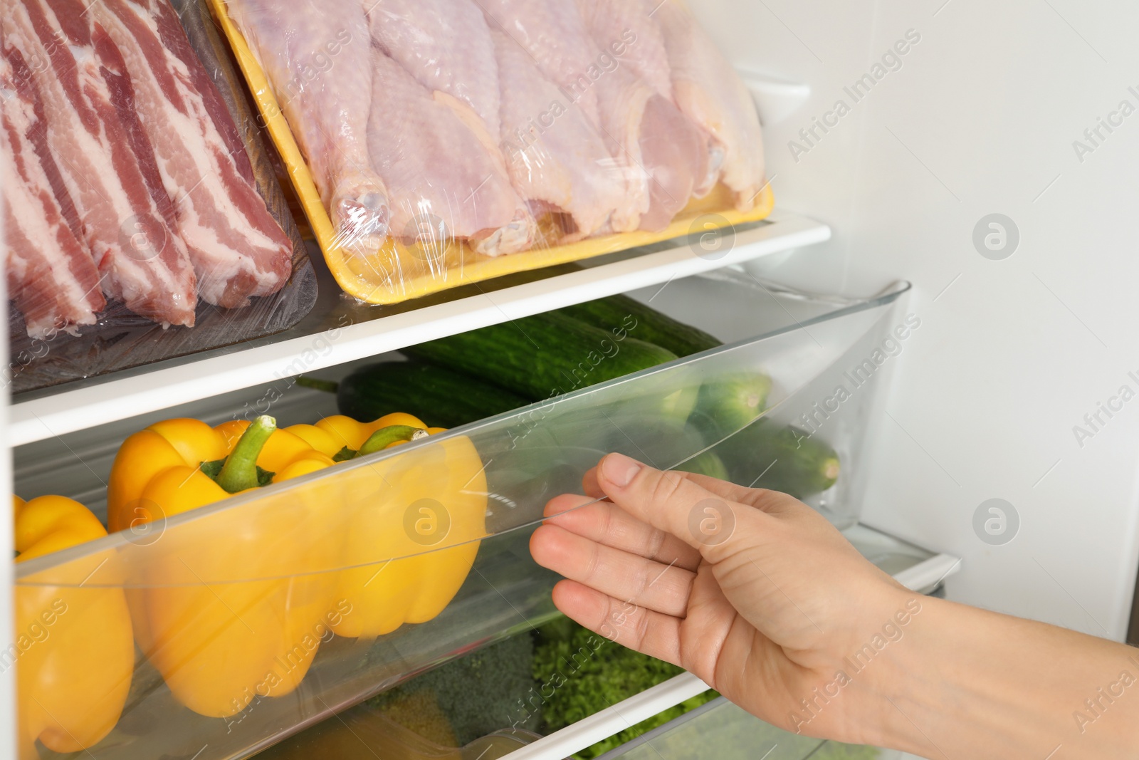 Photo of Woman opening refrigerator drawer with fresh vegetables, closeup