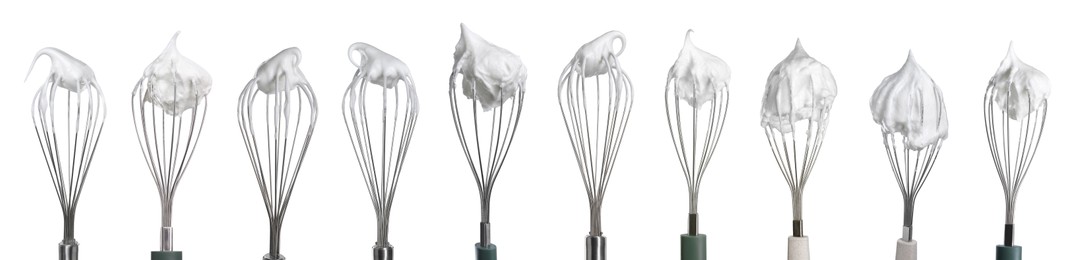 Image of Many different whisks with cream isolated on white, collection