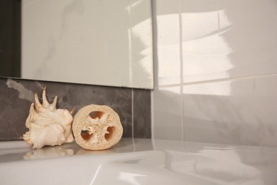 Photo of Natural loofah sponge and seashell on washbasin in bathroom, space for text