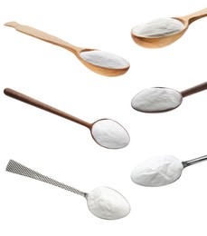 Image of Set with spoons of baking soda on white background 