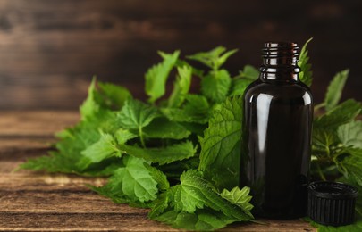Photo of Glass bottle of nettle oil with leaves on wooden table, closeup. Space for text