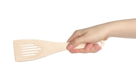 Photo of Woman with wooden spatula on white background, closeup