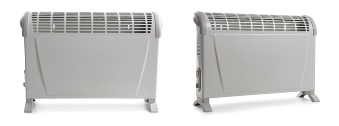 Image of Modern electric convection heaters on white background, collage 