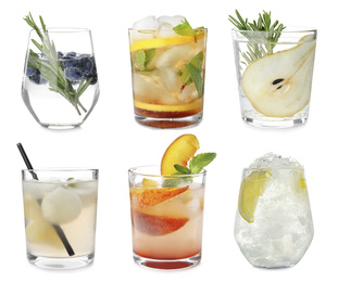 Set with different refreshing cocktails on white background