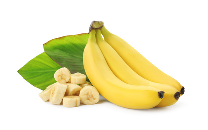 Photo of Delicious ripe bananas with leaves and pieces isolated on white