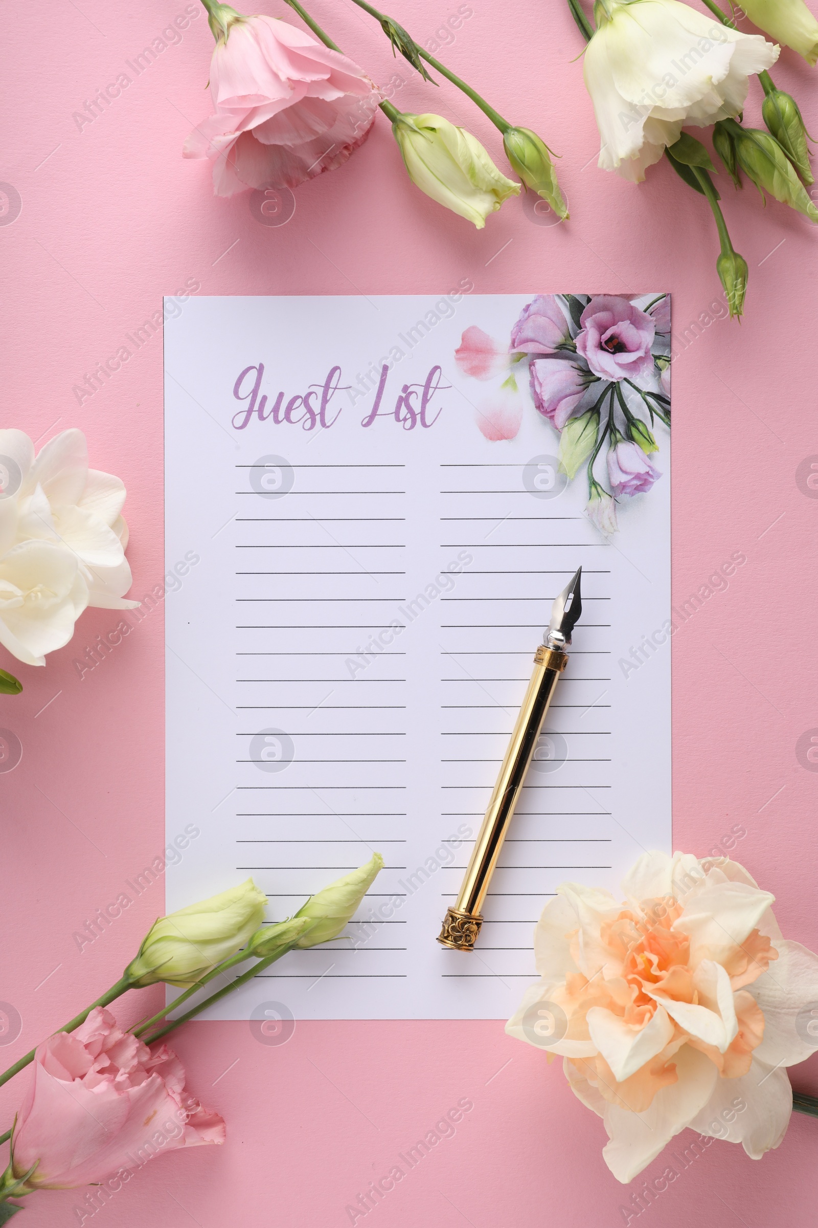 Photo of Guest list, pen and beautiful flowers on pink background, flat lay. Space for text