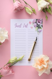 Photo of Guest list, pen and beautiful flowers on pink background, flat lay. Space for text