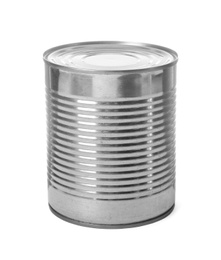 Photo of Closed tin can isolated on white, mockup for design