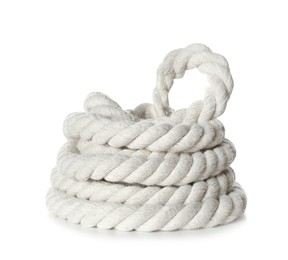 Photo of Bundle of cotton rope on white background. Organic material