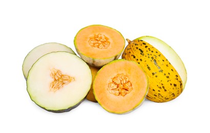 Tasty colorful ripe melons on white background