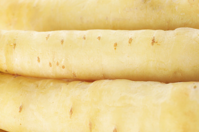 Fresh raw white carrots as background, closeup