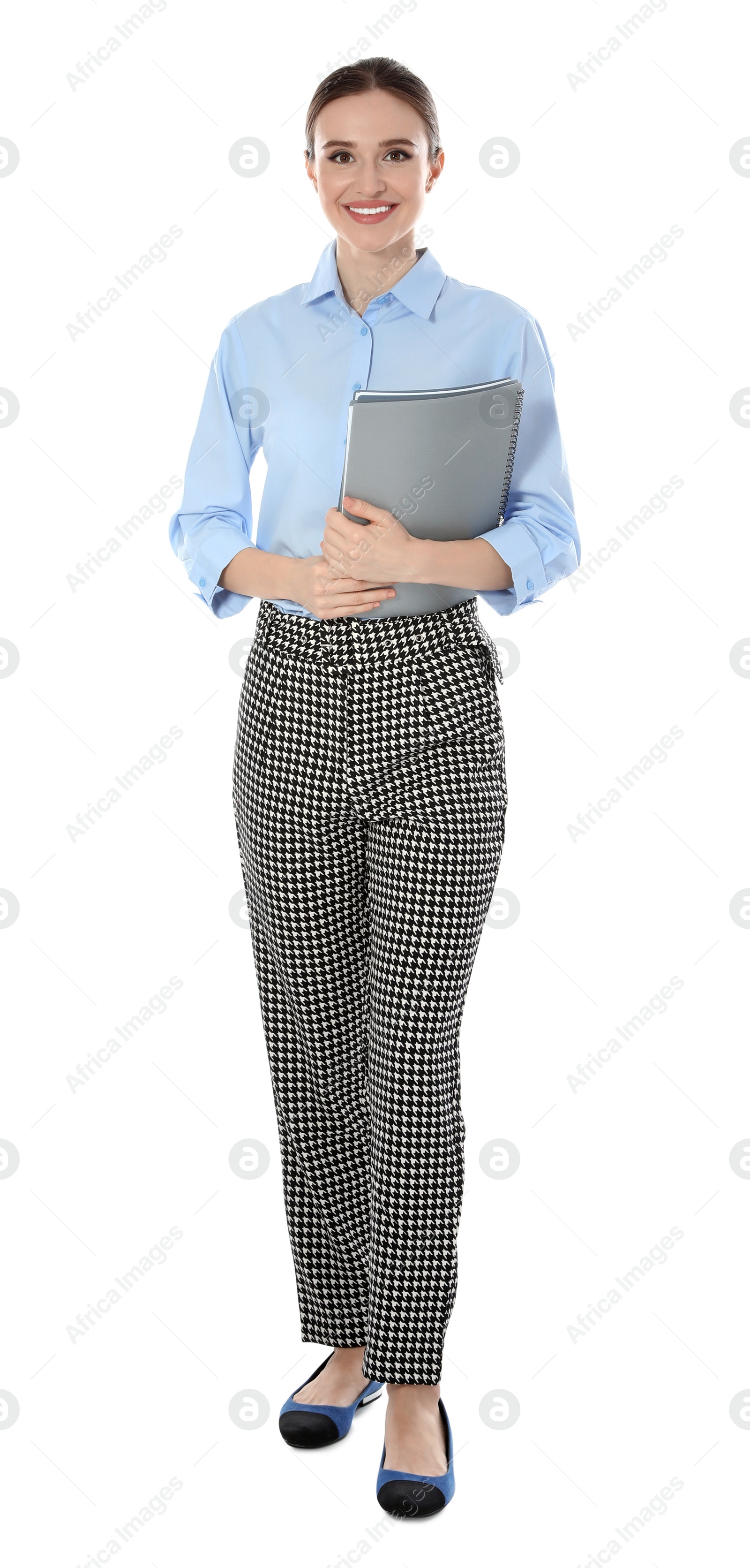 Photo of Full length portrait of young female teacher on white background