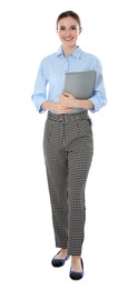 Full length portrait of young female teacher on white background