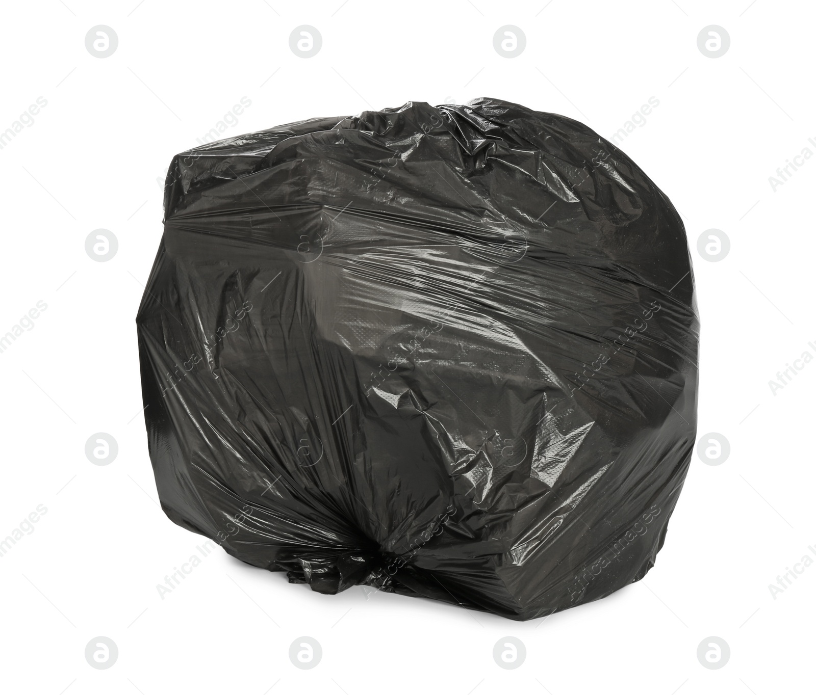 Photo of Black trash bag filled with garbage isolated on white