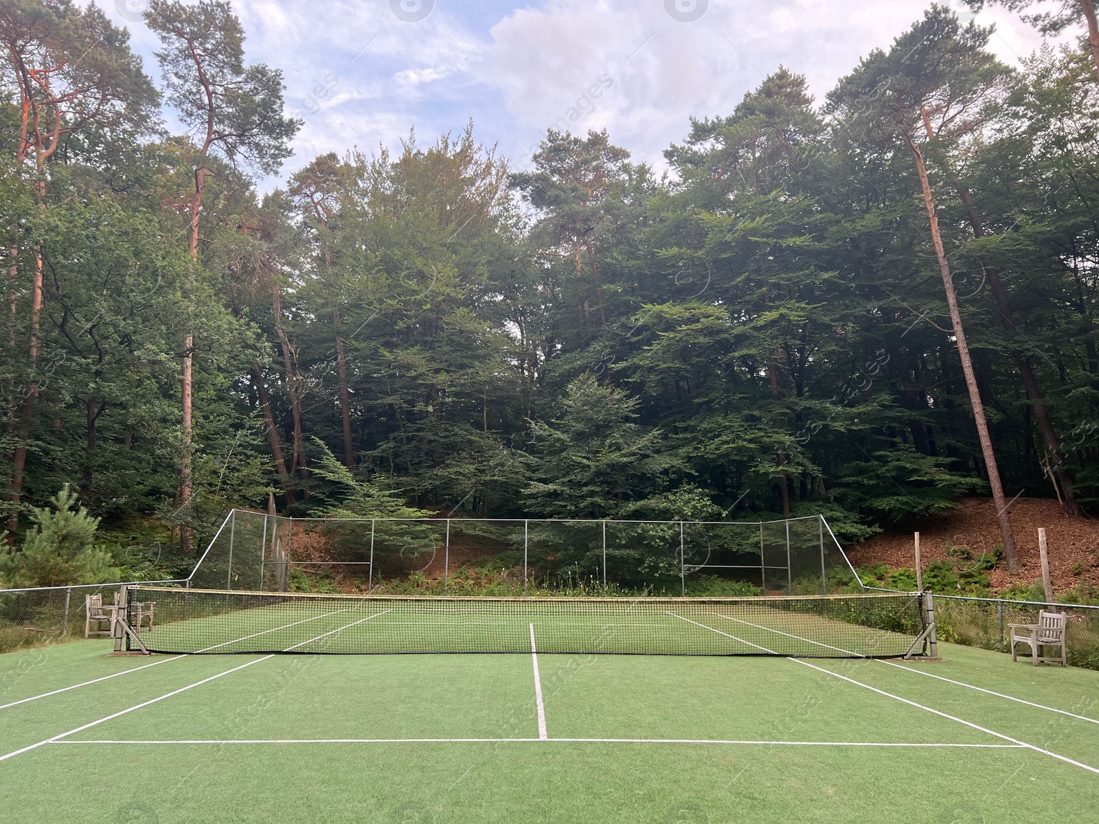 Photo of Tennis court with green grass and net outdoors