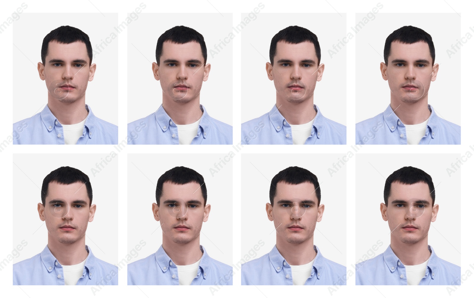 Image of Passport photo, collage. Man on white background, set of photos