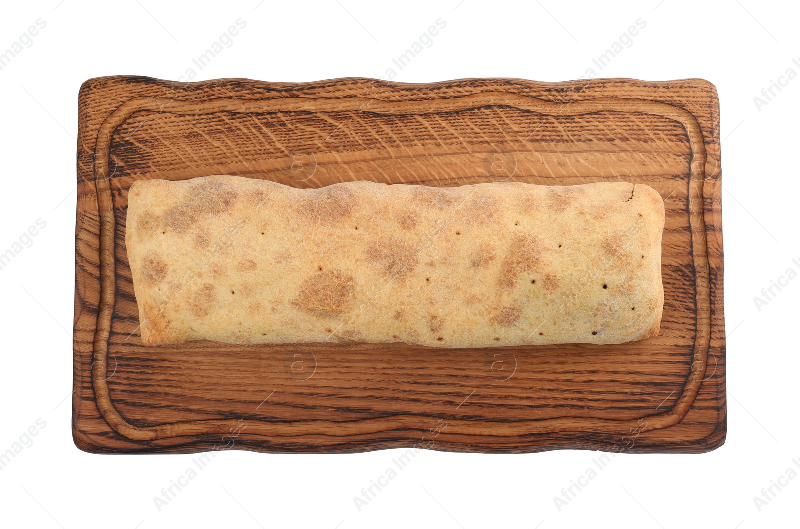 Photo of Delicious strudel with tasty filling isolated on white, top view