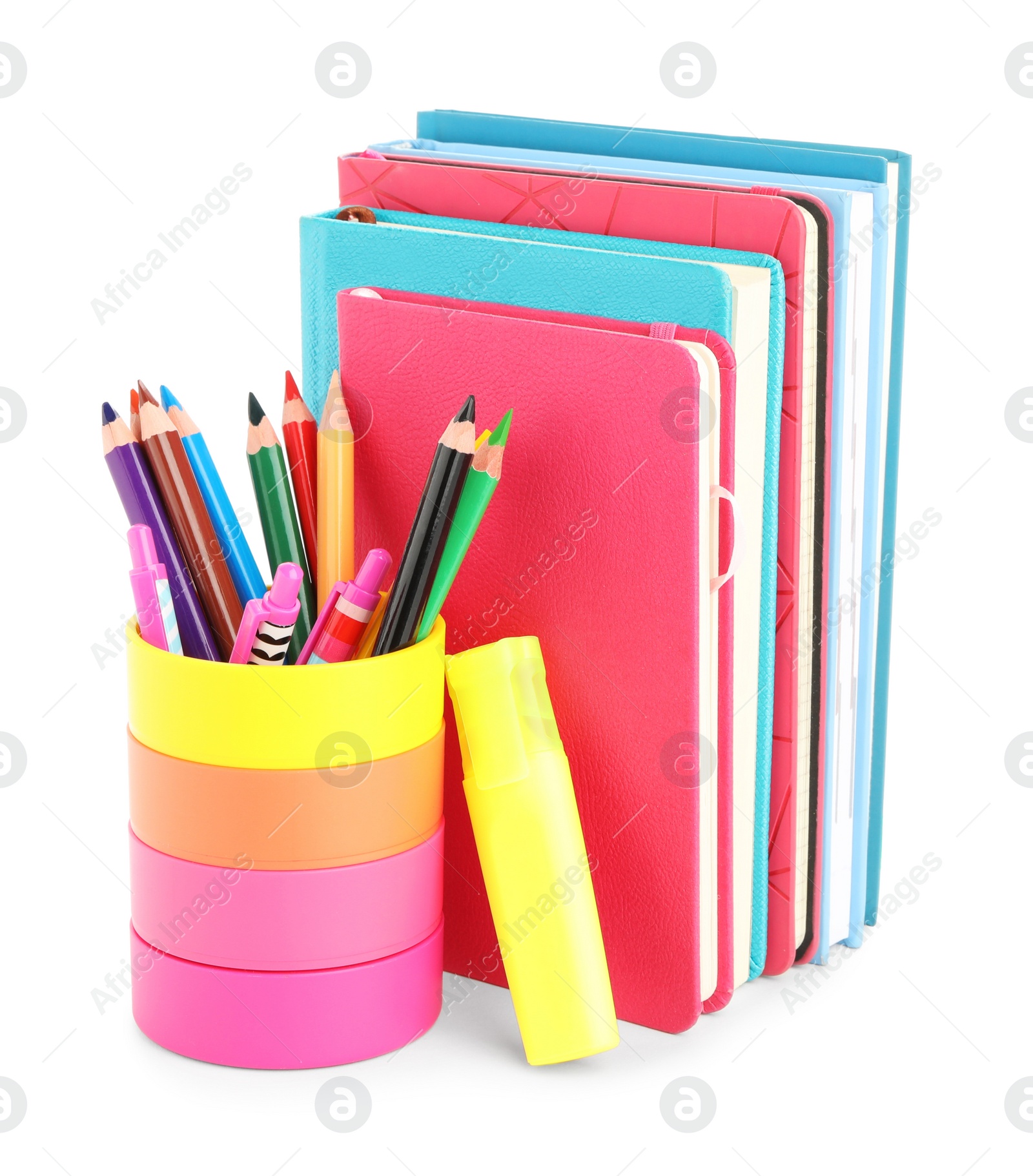 Photo of Set of colorful school stationery on white background