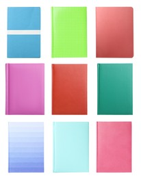 Image of Set with stylish colorful notebooks on white background, top view