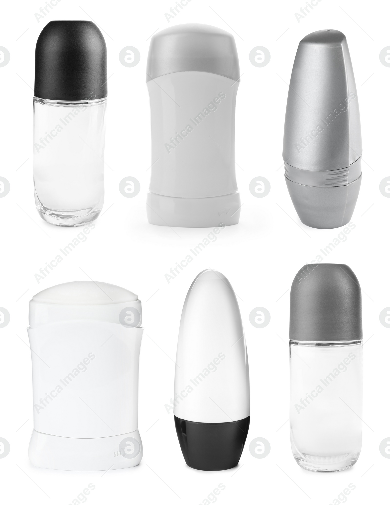 Image of Set of different deodorants on white background