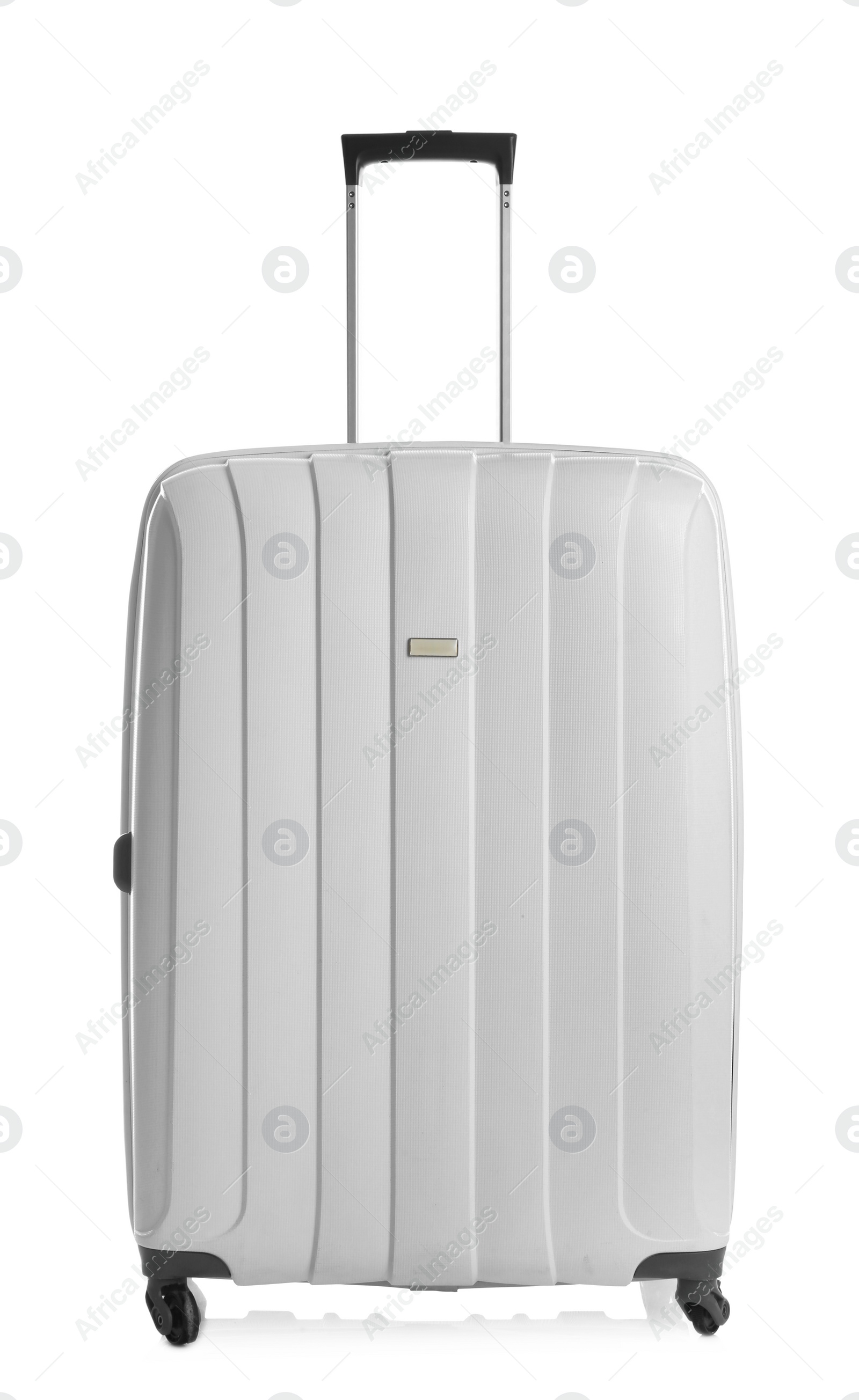 Photo of Modern suitcase for travelling on white background