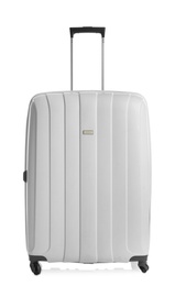 Modern suitcase for travelling on white background