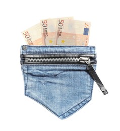 Image of Jeans pocket with zipper and euro banknotes isolated on white. Spending money