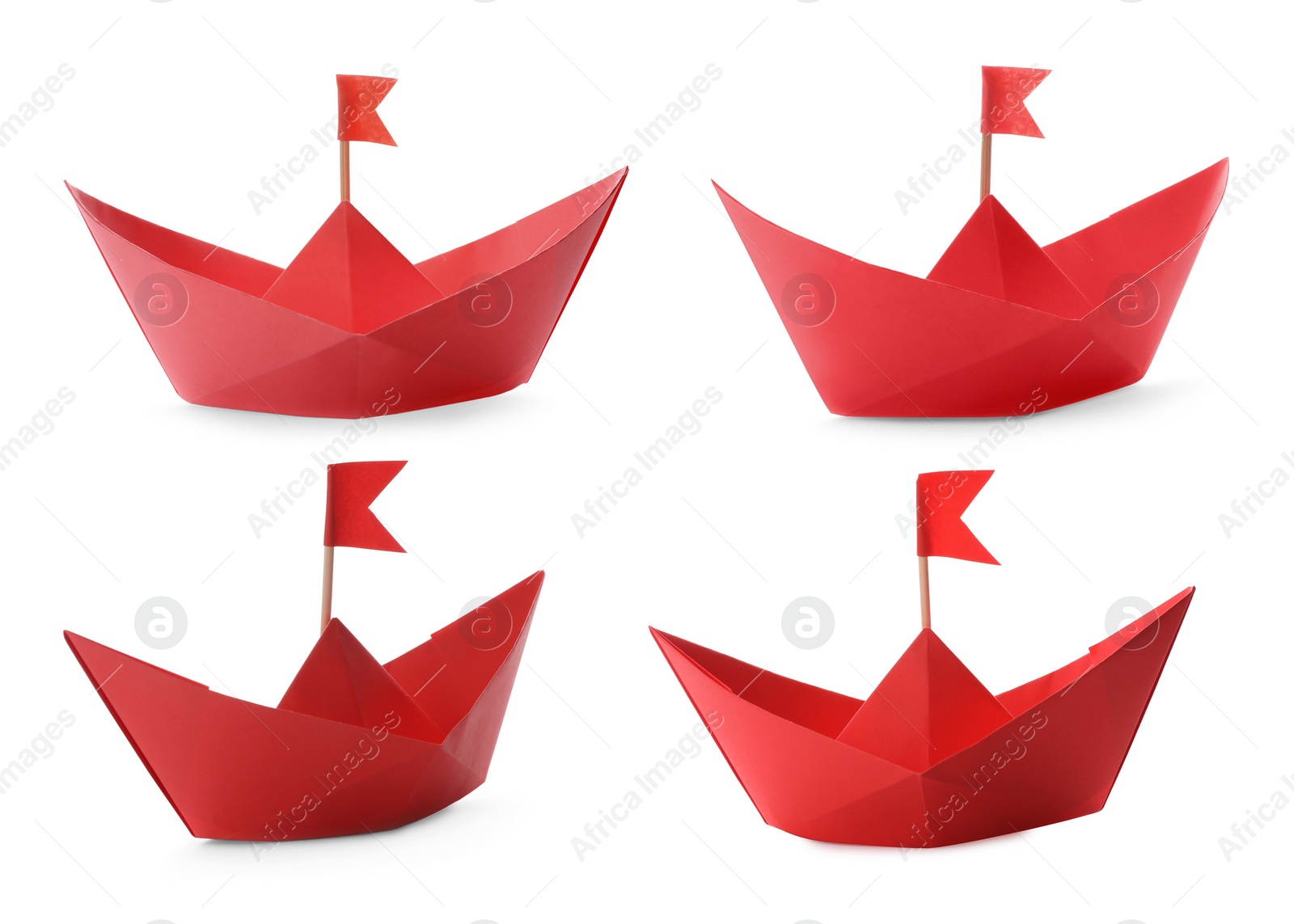 Image of Red paper boats with flags on white background, collage