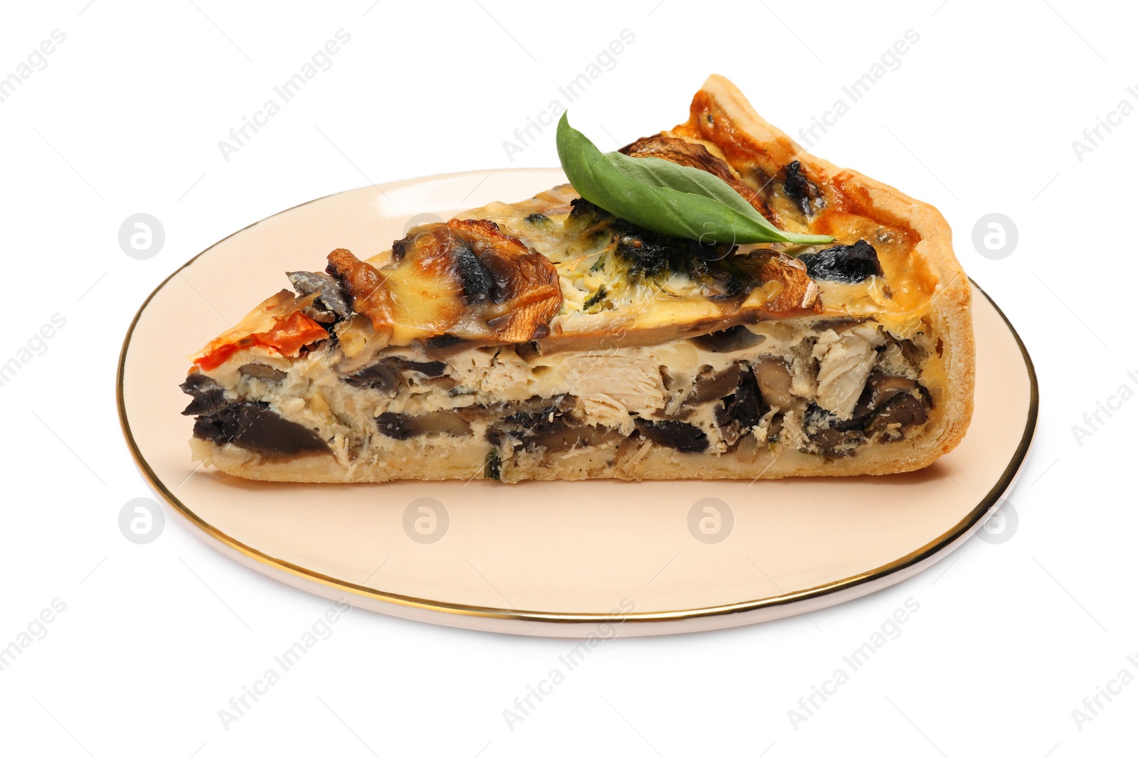 Photo of Piece of delicious quiche with mushrooms isolated on white