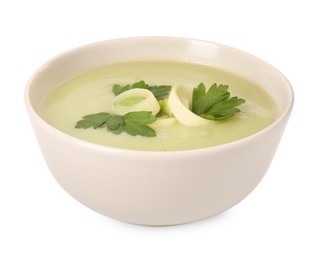 Photo of Bowl of delicious leek soup isolated on white