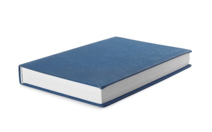 Photo of Book with blank blue cover on white background