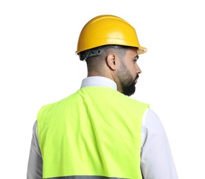 Photo of Engineer in hard hat on white background