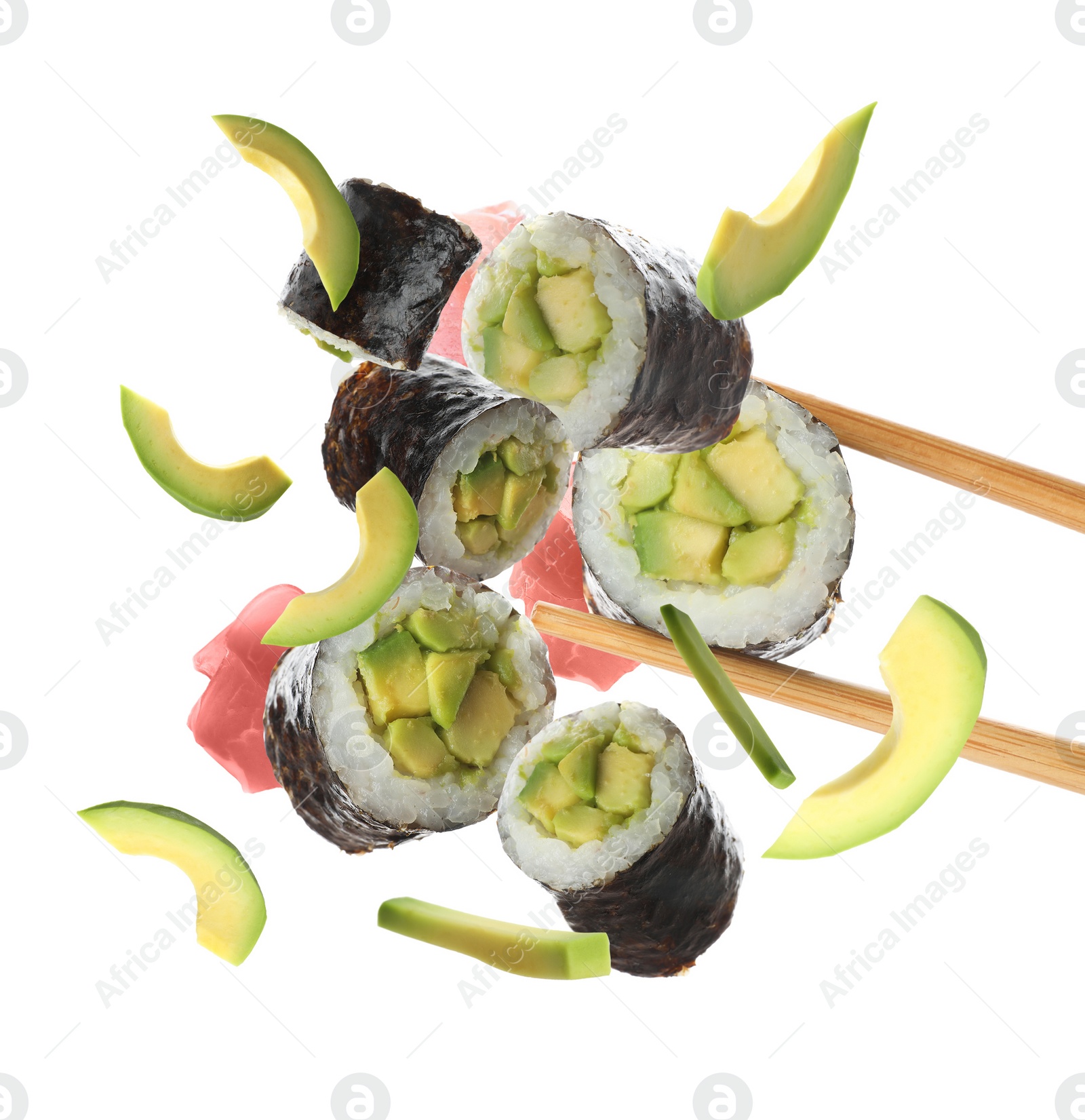 Image of Sushi rolls with avocado and ingredients on white background