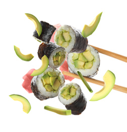 Sushi rolls with avocado and ingredients on white background