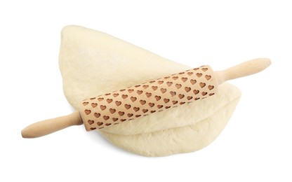 Photo of Raw dough and rolling pin isolated on white, top view