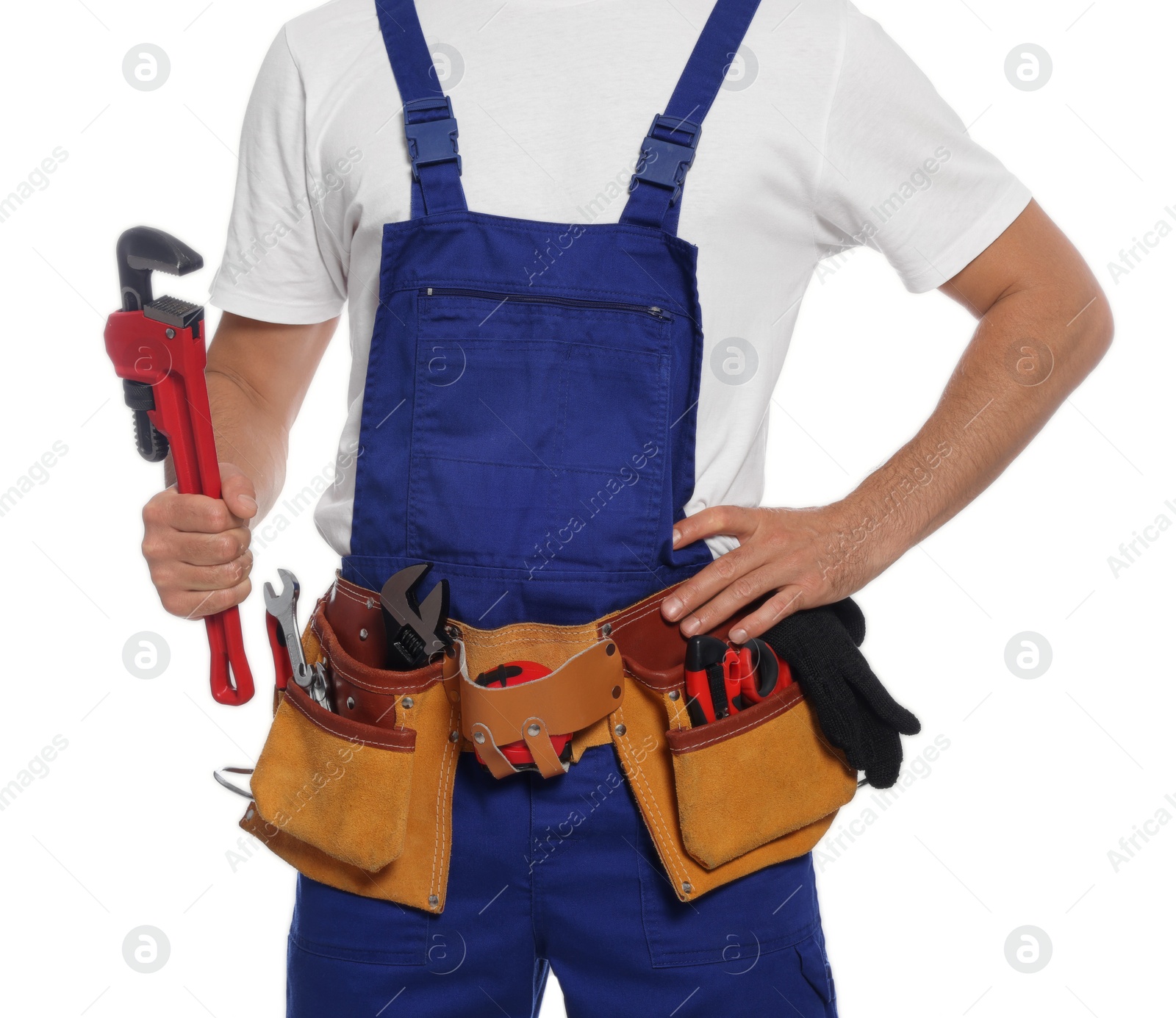 Photo of Professional plumber with pipe wrench and tool belt on white background, closeup
