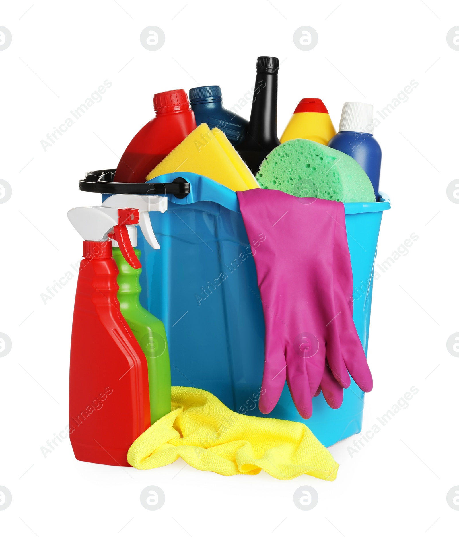 Photo of Light blue bucket and many different car wash products on white background