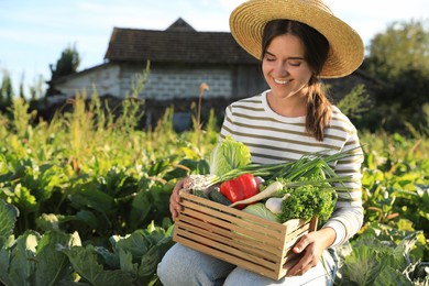 Photo of Woman harvesting different fresh ripe vegetables on farm. Space for text