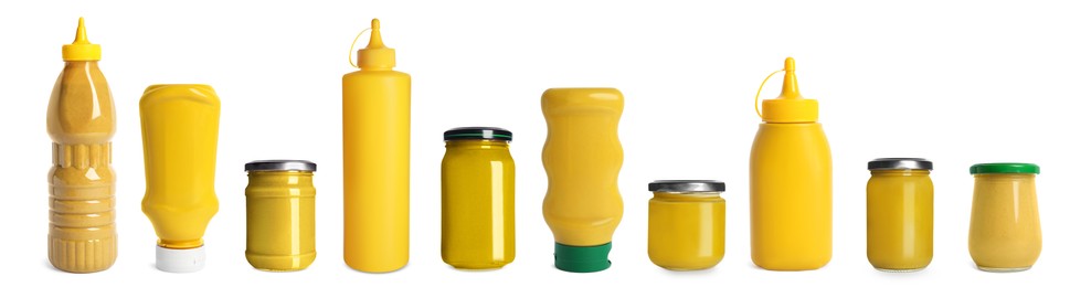 Set with different plastic bottles and glass jars of spicy mustard on white background. Banner design