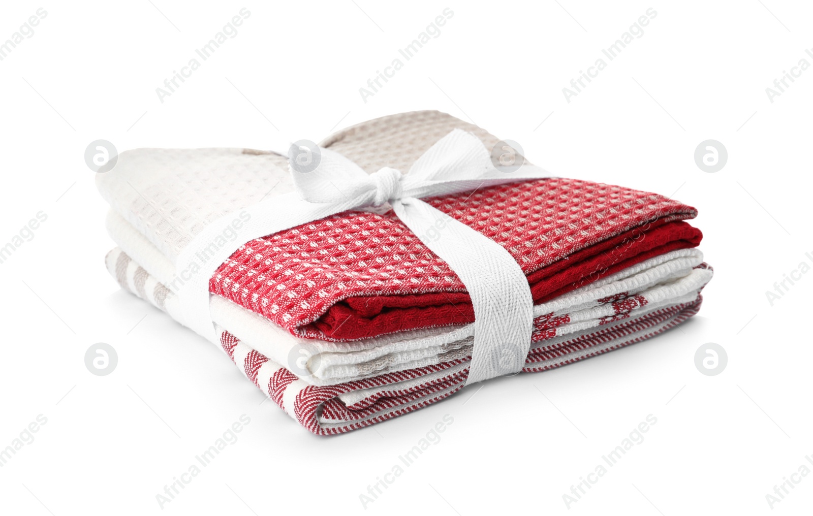 Photo of Stack of clean kitchen towels isolated on white