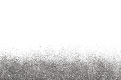 Photo of Shiny silver glitter on white background, top view