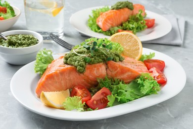 Photo of Tasty cooked salmon with pesto sauce and fresh salad served on grey table