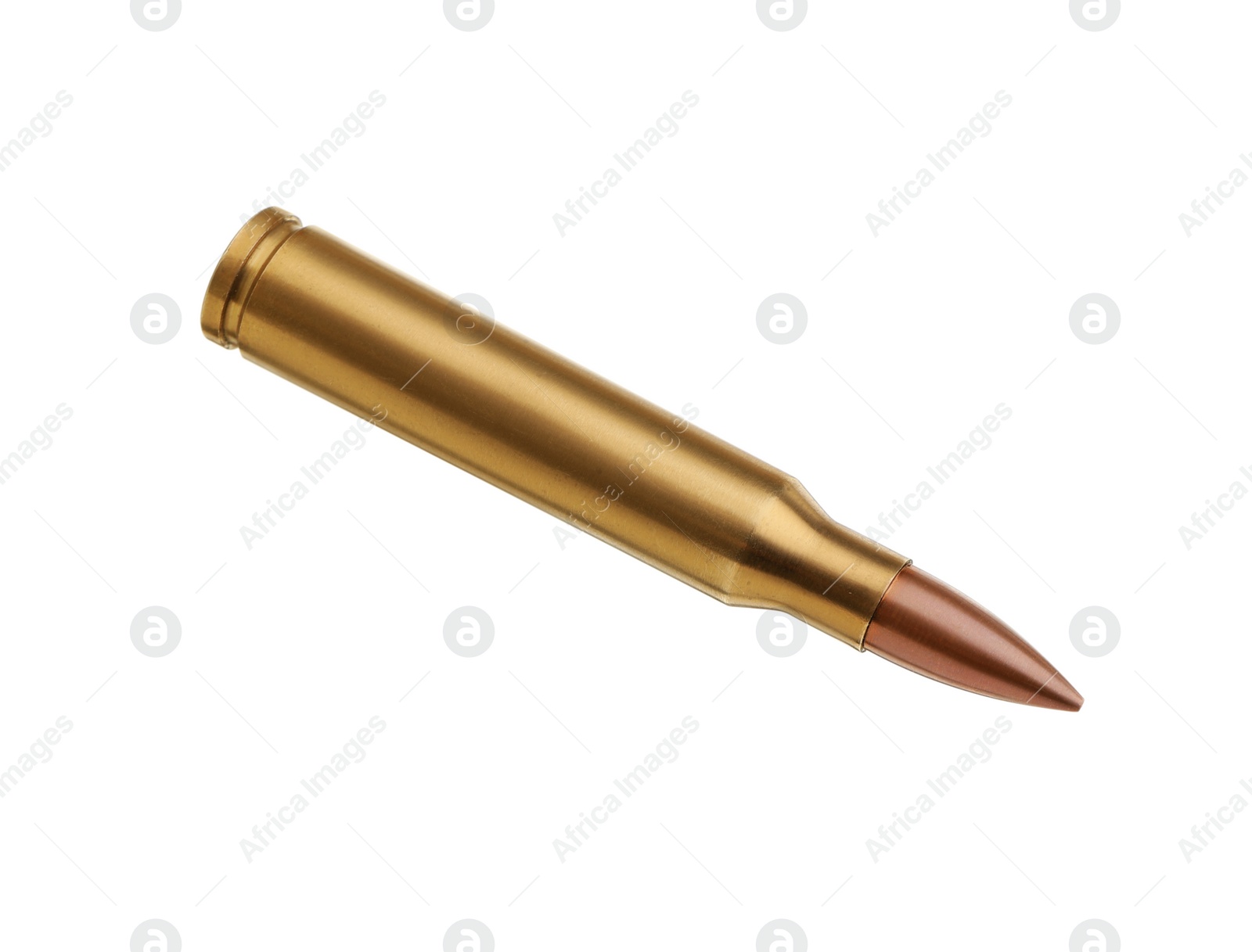 Photo of One bullet isolated on white. Firearm ammunition