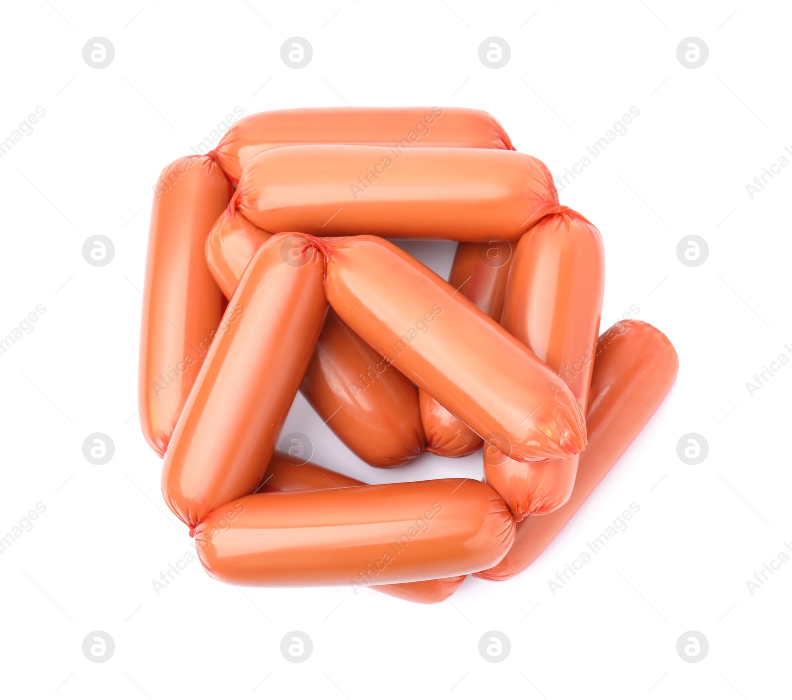 Photo of Many delicious boiled sausages isolated on white, top view
