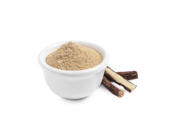 Photo of Powder in bowl and dried sticks of liquorice root on white background