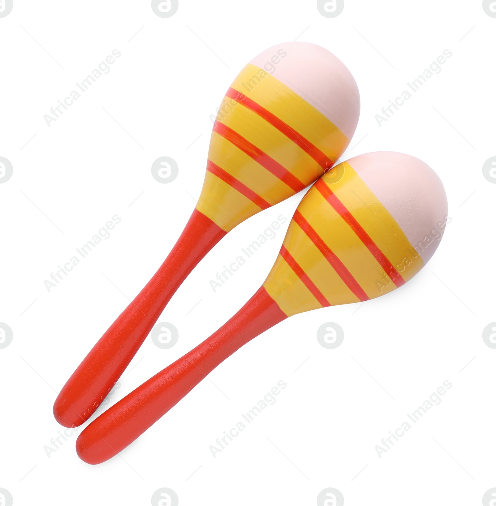 Photo of Colorful maracas on white background, top view. Musical instrument