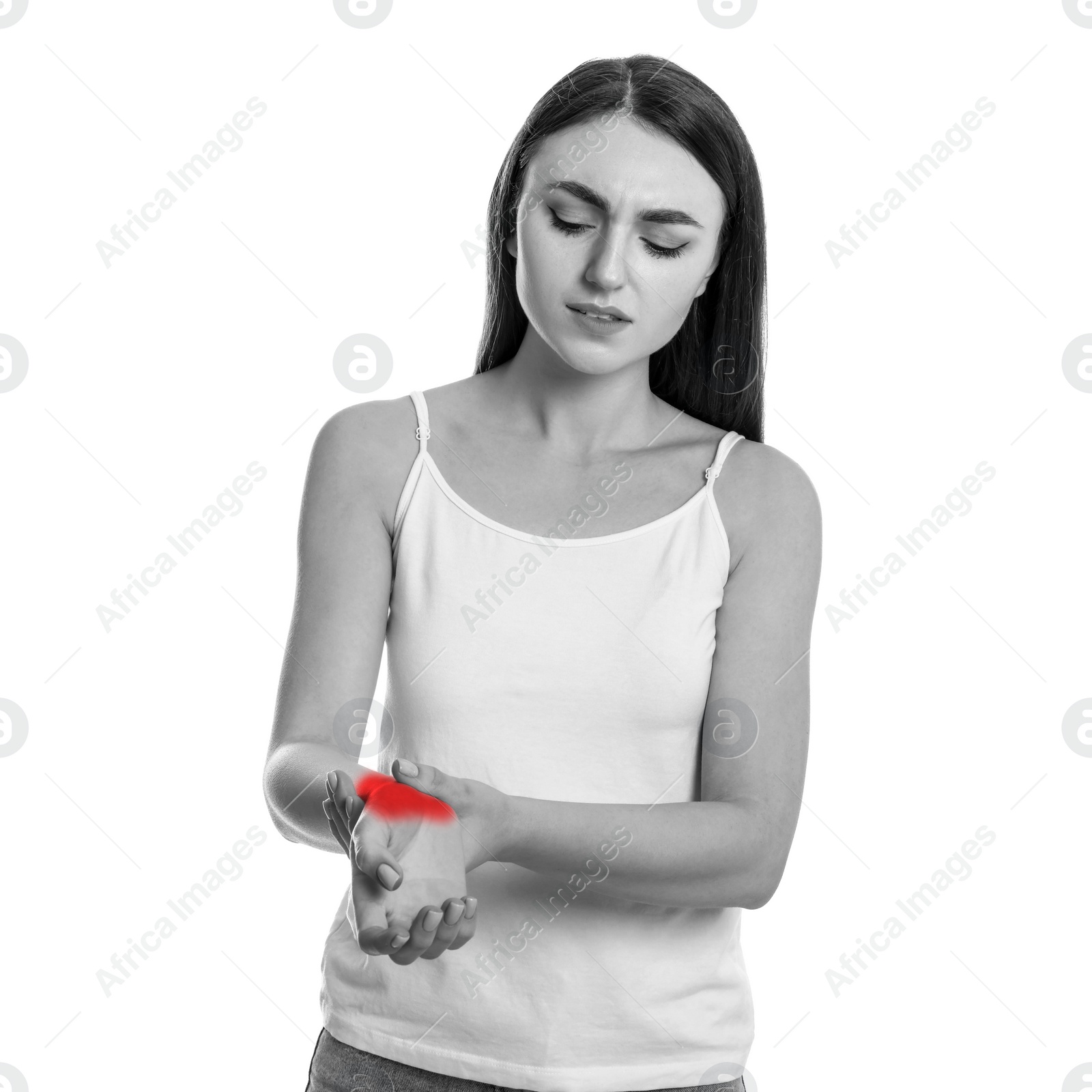 Image of Woman suffering from rheumatism on white background. Black and white effect with red accent in painful area