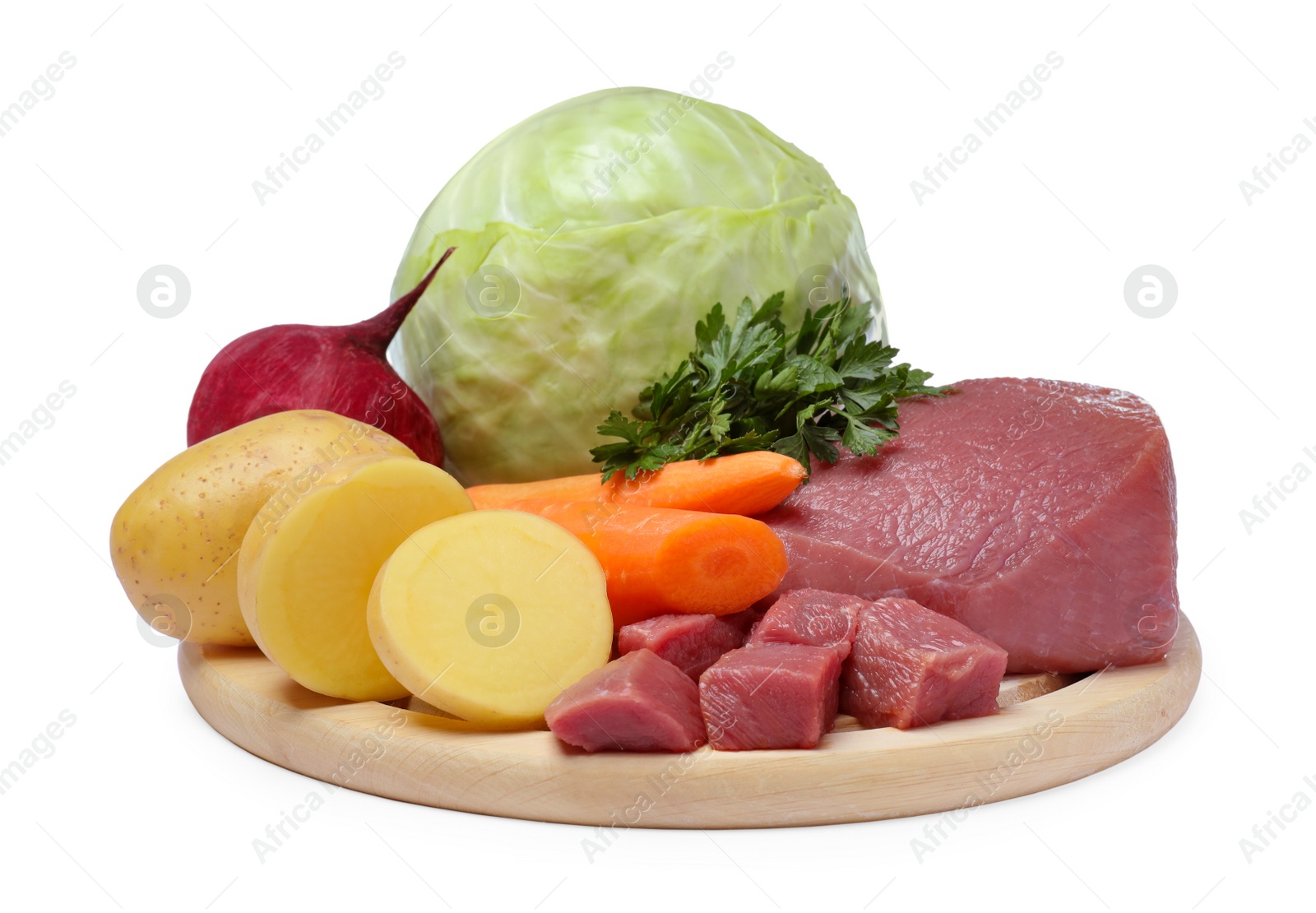 Photo of Ingredients for traditional borscht on white background