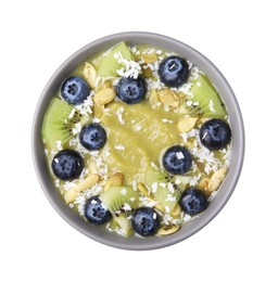 Photo of Bowl of delicious fruit smoothie with fresh blueberries, kiwi slices and coconut flakes isolated on white, top view